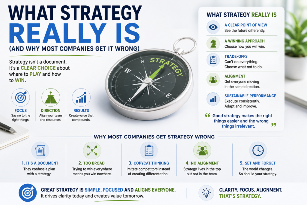 Here’s a secret I’ve learned after 20+ years working with leadership teams: Most companies don’t really have a strategy. They have ambitious goals… and a long list of initiatives. But strategy isn’t about doing more. …. Read More …..