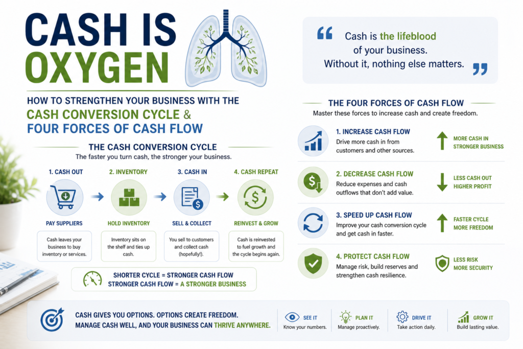 Every business hits this wall: Revenue is up, profits look fine… but there’s never enough cash. Cash is oxygen. When it runs short, nothing else matters. …. Read More …