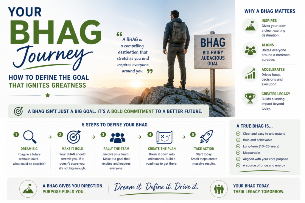 Every great company has a BHAG — a Big Hairy Audacious Goal. NASA had one: “Put a man on the moon and return him safely to Earth before the decade is out.” A BHAG isn’t a slogan or a stretch goal. It’s a bold, crystal-clear destination that unites a team and defies the odds. …. Read More ….