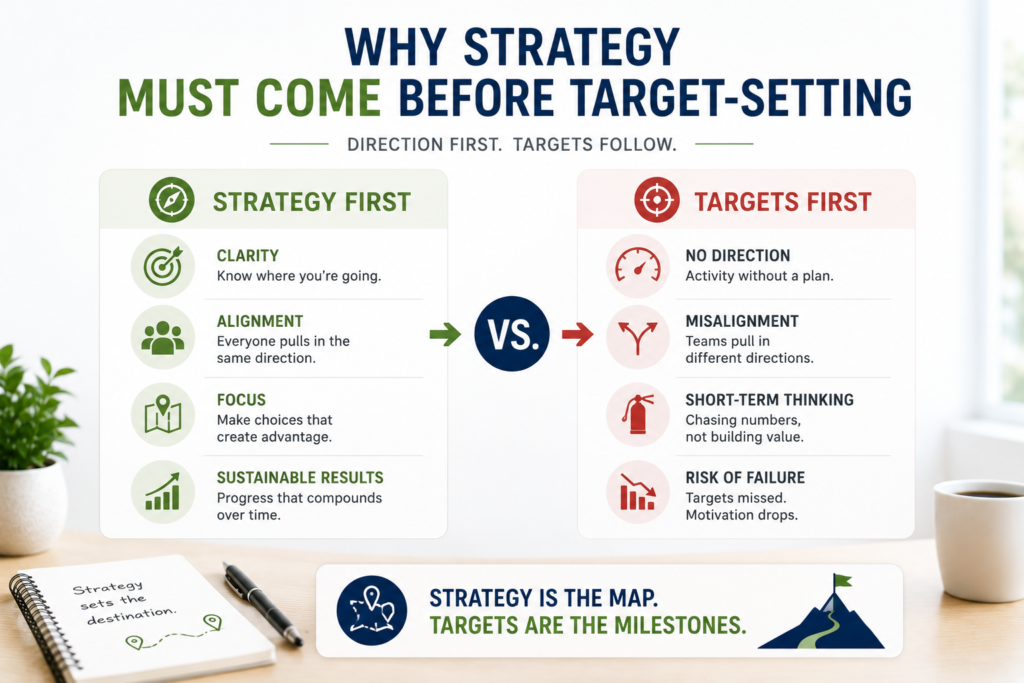 In leadership meetings, I often see this pattern: Teams jump straight to setting ambitious targets — before deciding how they’ll win. Here’s the truth - Targets don’t drive strategy. Strategy drives targets. …. Read More